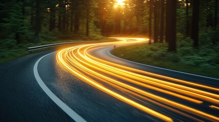 Winding road through a forest at sunset
