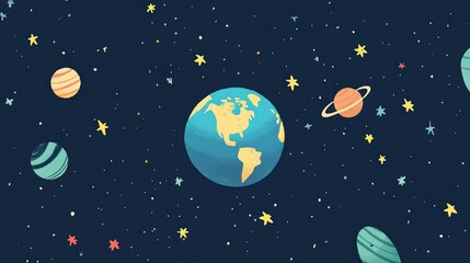 A colorful cartoon illustration of planets and stars in space