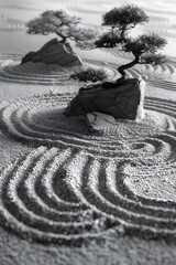 Serene Japanese Zen Garden with Raked Gravel Patterns and Bonsai Trees in Black and White Photography