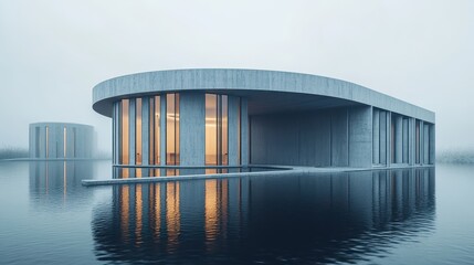 Fototapeta premium Modern buildings reflected in a body of water under the mist. Use it for architectural visualization or creative artwork.