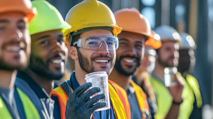 Happy Construction Workers Hydrating During a Well-Deserved Break
