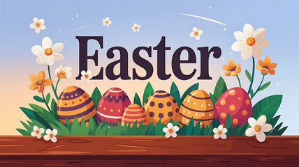 Naklejka premium Easter Celebration with Colorful Easter Eggs Blooming Spring Flowers and a Cheerful Bunny in a Festive Cartoon Illustration Symbolizing Easter Holiday Traditions and the Joyful Spirit of Springtime