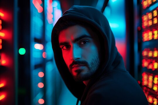 Hooded figure in server room