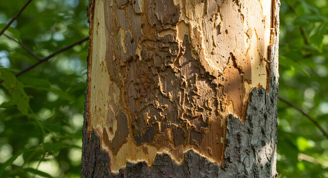 Extensive emerald ash borer damage to an ash tree trunk displaying larval galleries