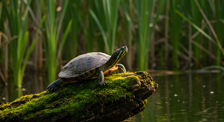 Fototapeta premium Tranquil turtle basking gracefully on a mossy log amidst serene marshland