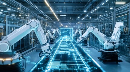 Fototapeta premium An AI powered system optimizing manufacturing by analyzing production line data, worker efficiency, and quality control metrics to streamline processes and reduce errors