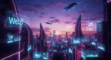 Futuristic Cityscape Neon Web3 Metaverse Sunrise Spaceships