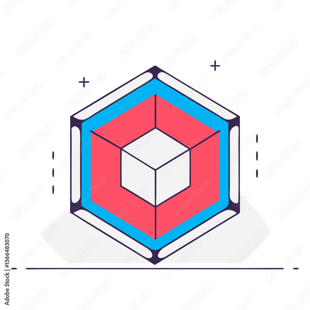 Poster a vibrant hexagonal prism encasing a central cube, symbolizing unity and innovative design with bold