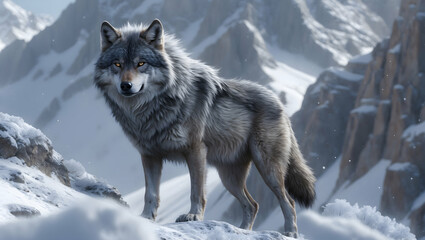 Fototapeta premium Majestic wolf standing proudly on snowy mountain peak, wild and powerful presence. 