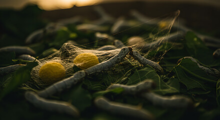 Silkworms meticulously crafting luminous cocoons amidst verdant mulberry foliage
