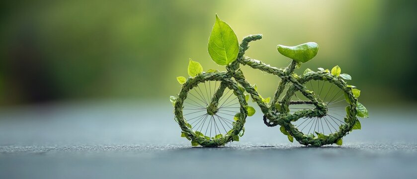An eco friendly bike. bike shape made from a green leaf. sustainable travel