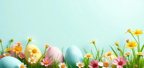 Vibrant vector Easter background with pastel colored eggs and spring flowers, eggs, pastel, digital