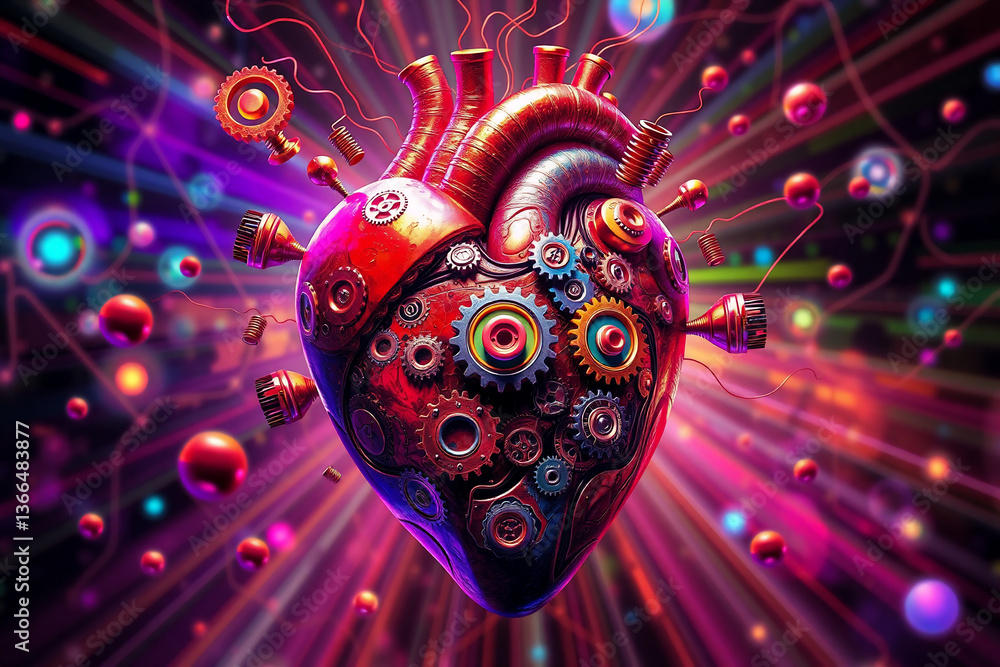 Poster a mechanical heart with gears is at the center of vibrant light beams and orbs, creating a surreal a