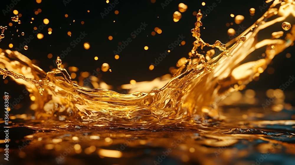 Poster golden liquid splash: capturing the dynamic motion of amber fluid in a dramatic and abstract composi