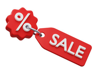 red sale tag with red badge with percent sign on it. 3d render illustration isolated on transparent background