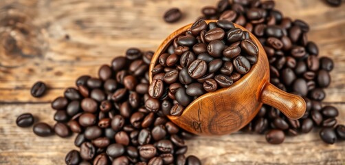 Fototapeta premium A rustic wooden cup overflowing with dark roasted coffee beans, warm, rustic, cup of coffee