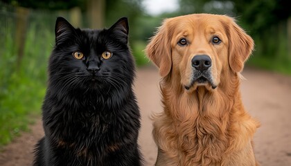 Fototapeta premium Cat and dog friends outdoor portrait.