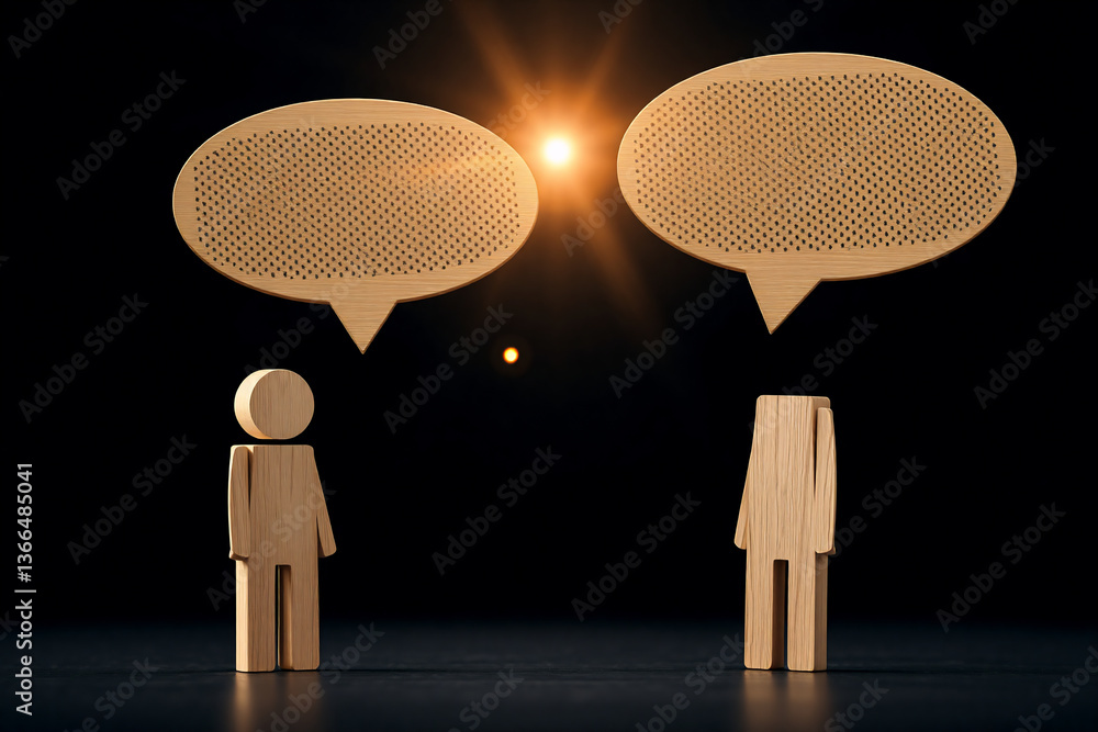 Poster two wooden figures stand facing each other with empty speech bubbles above their heads. a bright lig