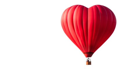 Red heart shaped hot air balloon flying on black background, cut out transparent