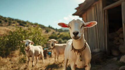 Fototapeta premium Goats on a rope near an aged barn in a rural farmyard during a sunny afternoon