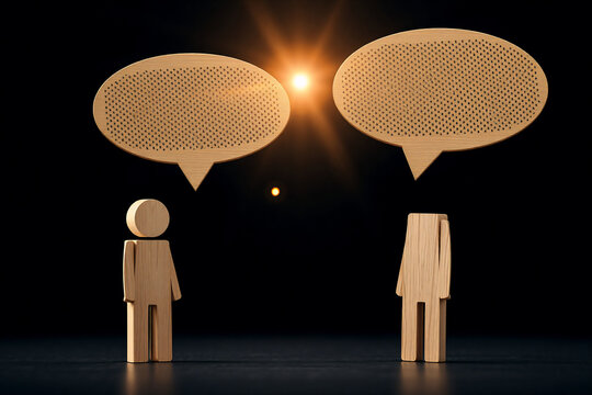 Two wooden figures stand facing each other with empty speech bubbles above their heads. A bright light shines between them on a dark background, suggesting communication or dialogue. - Powered by Adobe