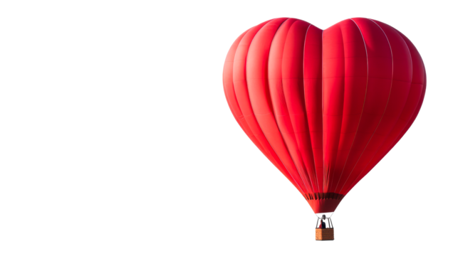Red heart shaped hot air balloon flying on black background, cut out transparent
