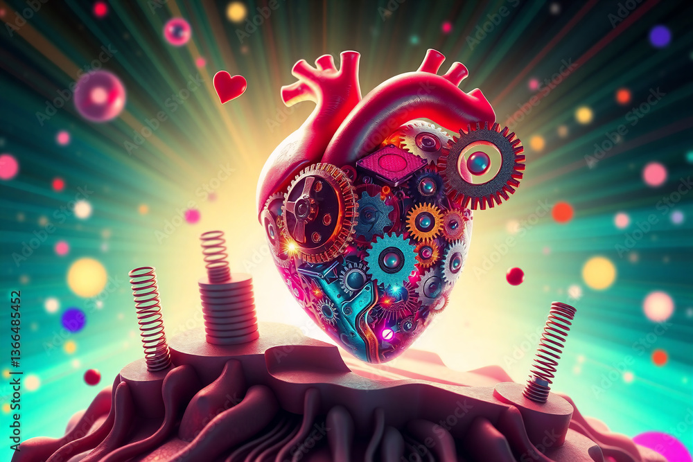 Poster mechanical heart with gears and springs shining brightly on a platform. bokeh lights and rays add vi