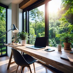 Serene Workspace: A light-filled office space features a wooden desk, complete with a laptop, coffee cup, and potted plants, against a backdrop of verdant forest viewed through large windows.