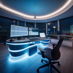 Modern Corporate Haven: A cutting-edge office space with sleek lines, vibrant lighting, and expansive city views, designed for productivity and innovation in the digital age.