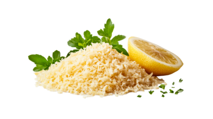 Parmesan cheese, lemon wedge, parsley arrangement, cut out transparent