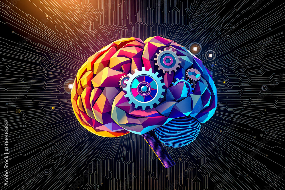 Poster geometric brain with gears inside, showcasing a colorful and split design on a dark circuit board ba