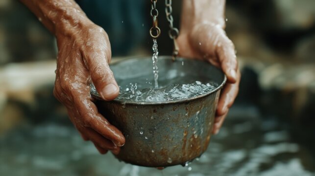 Hands holding a metallic bucket while drawing water from a village well on a sunny day
