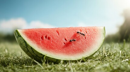 Macro shot of ripe watermelon on grass with ants exploring its surface under sunny outdoor conditions