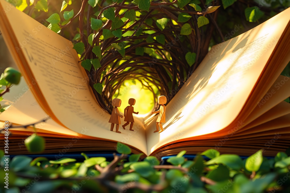 Aufkleber a whimsical journey unfolds as miniature figures traverse a massive open book, creating a tunnel of 