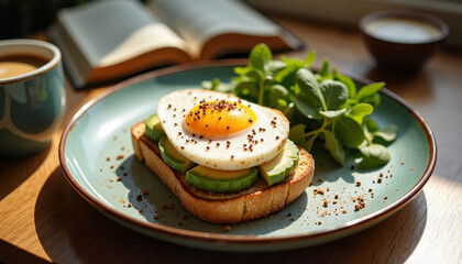 Brunch vibes, avocado toast with soft-boiled egg and everything bagel seasoning, served with fresh greens on a sunlit table beside cappuccino and an open book