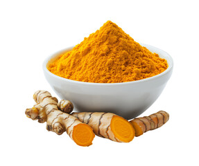 Turmeric Powder, Whole and Sliced Turmeric Root, Natural Spice Isolated on Transparent Background