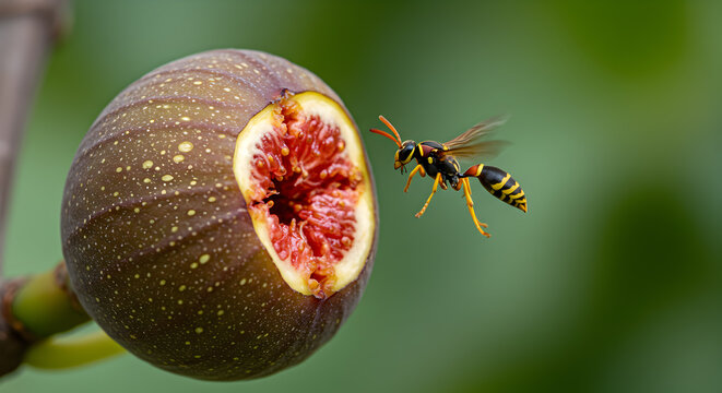 Fig wasp approaching syconium fruit opening for pollination and oviposition