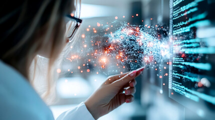 Vision of Code: A visionary in a modern laboratory, immersed in the world of data and code, their touch sparking a visual representation of complex systems and innovation