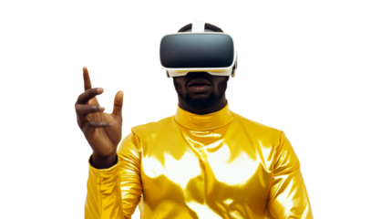 Futuristic man in VR headset touches virtual interface, cut out transparent