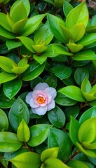 Obraz premium A single, pale pink camellia flower nestled amongst vibrant green foliage, pure, outdoor, tea plant