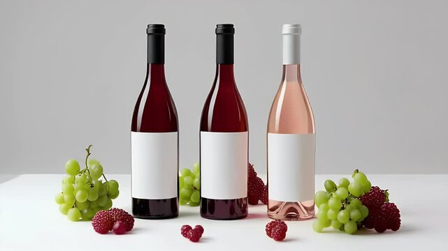 Three Wine Bottles with Grapes and Raspberries: Clean White Background, Blank Labels, Perfect for Advertising and Branding