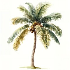 Lush Watercolor Painting of a Tropical Coconut Palm Tree with Coconuts