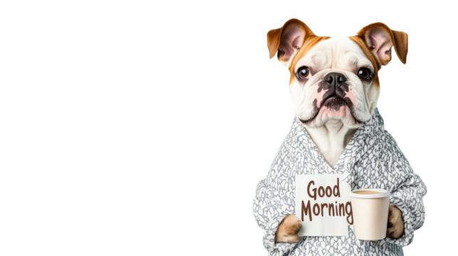 Bulldog with coffee cup and sign "Good Morning", cut out transparent - Powered by Adobe