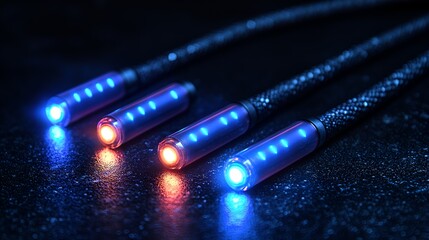 Glowing tech cables on dark surface