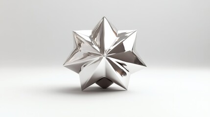 A reflective silver eight pointed star on a white background