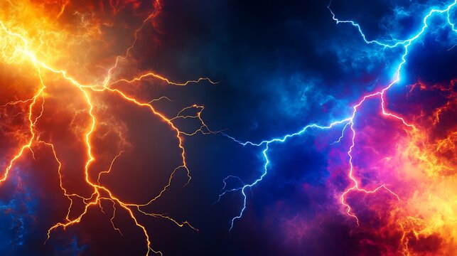Vivid lightning strikes illuminate a dramatic sky with contrasting colors