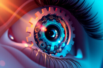 Close-up of an eye where mechanical gears form the iris, creating a surreal blend of organic and robotic, technological vision.