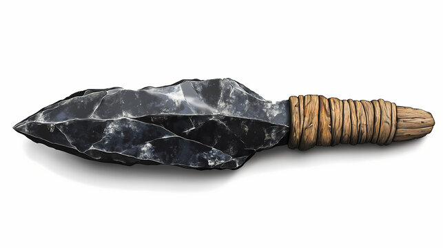An obsidian knife with a bone handle, a prehistoric weapon made of volcanic glass, is isolated against a white background, showcasing its historical significance. Obsidian Shell. Illustration