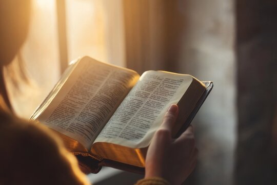 A person holding an open Bible in their hands, with sunlight streaming through the window onto them and creating a warm glow on their face as they read or study God's word Generative AI