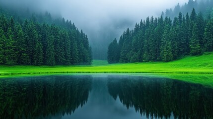 Serene Misty Mountain Lake Reflection